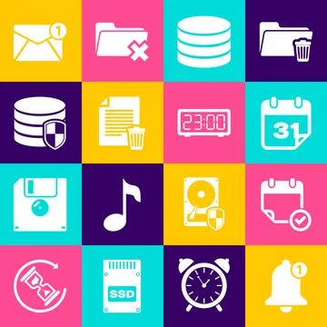 Set Bell, Calendar with check mark, , Database, Delete file document and Stock Illustration