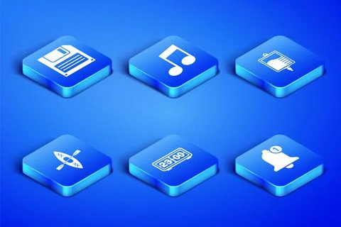 Set Bell, Floppy disk, Retro flip clock, Kayak and paddle, Music note, tone and Stock Illustration