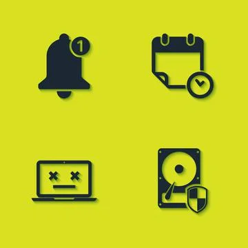 Set Bell, Hard disk drive HDD protection, Dead laptop and Calendar and clock Stock Illustration
