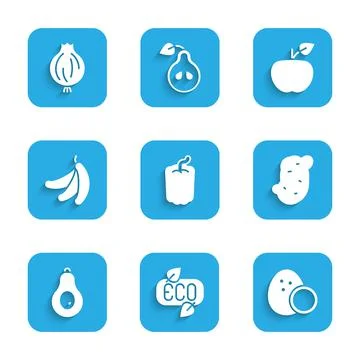 Set Bell pepper, Leaf Eco symbol, Coconut, Potato, Avocado, Banana, Apple and Stock Illustration
