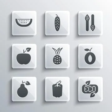 Set Bell pepper, Leaf Eco symbol, Plum fruit, Pineapple, Pear, Apple, Water.. Stock Illustration