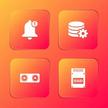 Set Bell, Setting database server, Stereo speaker and SSD card icon. Vector Stock Illustration