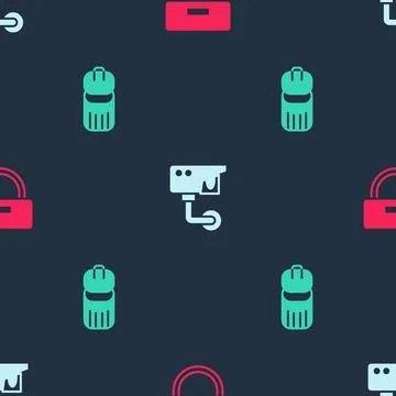 Set Bellboy hat, Security camera and Trash can on seamless pattern. Vector Stock Illustration