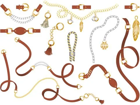 Set of belt elements, chain and braid, gold and silver links and fasteners for Stock Illustration