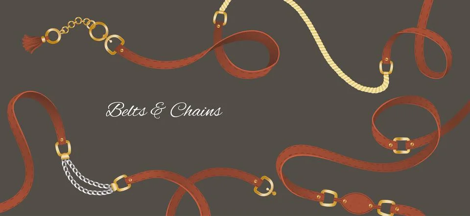 Set of belt elements, chain and braid, gold and silver links and fasteners for 스톡 일러스트