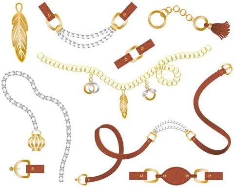 Set of belt elements, chain and braid, gold and silver links and fasteners for Stock Illustration