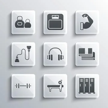 Set Bench with barbel, Locker or changing room, Towel stack, Headphones, Barbell Stock Illustration