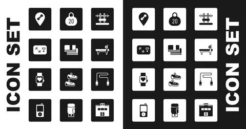 Set Bench with barbel, Towel stack, Fitness club, gym card, Location, Kettlebell Stock Illustration