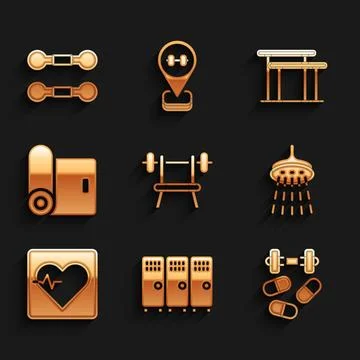 Set Bench with barbell, Locker or changing room, Sports doping dumbbell, Sh.. Stock Illustration