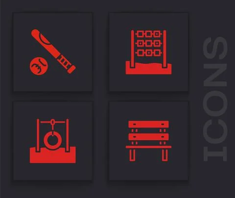 Set Bench, Baseball bat with ball, Tic tac toe game and Car tire hanging on rope Stock-Illustration
