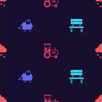 Set Bench, Hedgehog, Tractor and Cloud with rain on seamless pattern. Vector 스톡 일러스트