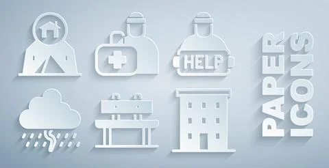 Set Bench, Help homeless, Cloud with rain, Multi storey building, First aid kit Ilustración de archivo