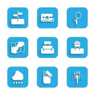 Set Bench, Lighter, Torch flame, Barbecue grill, Cloud with rain, Camping and Ilustración de archivo