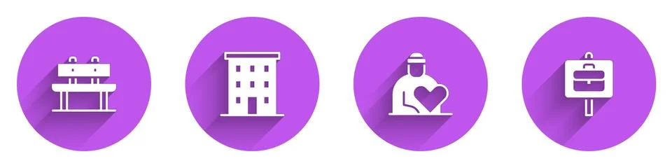 Set Bench, Multi storey building, Volunteer and Work search icon with long Ilustración de archivo