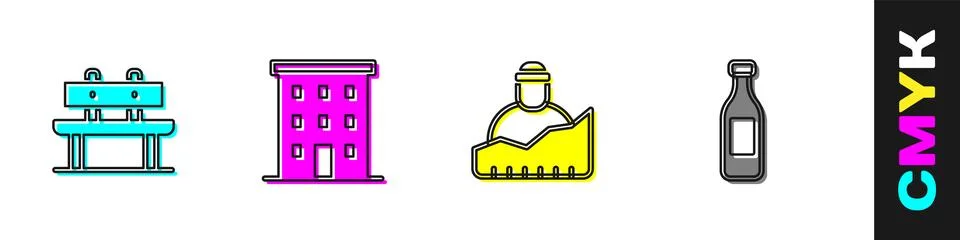 Set Bench, Multi storey building, Growth of homeless and Bottle water icon... Ilustración de archivo