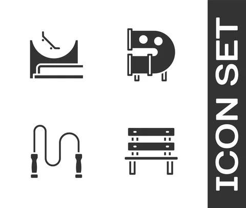 Set Bench, Skate park, Jump rope and Kid playground slide pipe icon. Vector Ilustração Stock
