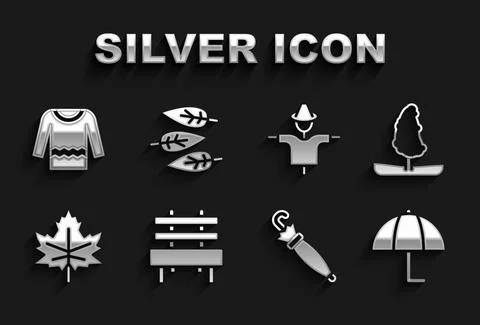 Set Bench, Tree, Umbrella, Leaf or leaves, Scarecrow, Sweater and icon. Vector Stock Illustration
