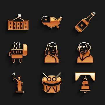 Set Benjamin Franklin, Drum and drum sticks, Liberty bell Philadelphia, George Illustrazione stock