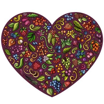 Set of Berries cartoon doodle objects. Heart form composition イラスト素材