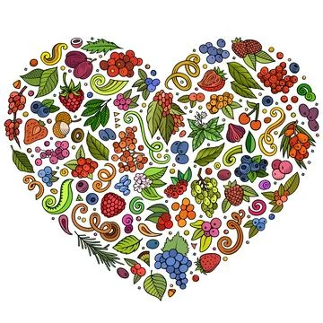 Set of Berries cartoon doodle objects. Heart form composition Stock Illustration