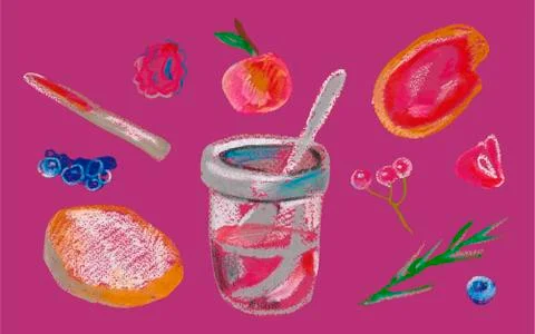 Set of berries with jam and toast painted with wax crayons.The food Stock Illustration