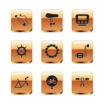 Set Bicycle air pump, frame, wheel tire, sprocket crank, speedometer, handlebar Stock Illustration