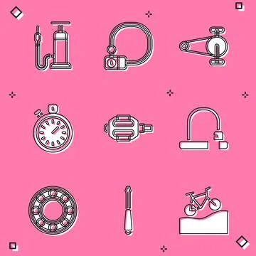 Set Bicycle air pump, lock, chain with gear, Stopwatch, pedal, ball bearing and Stock-Illustration