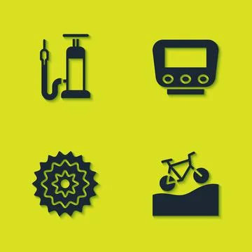 Set Bicycle air pump, Mountain bicycle, cassette and speedometer icon. Vector 스톡 일러스트