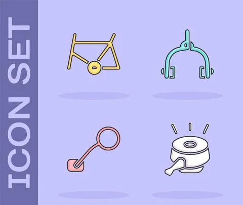 Set Bicycle bell, frame, rear view mirror and brake calipers icon. Vector Illustrazione stock