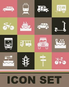 Set Bicycle, Cargo ship with boxes, Scooter, Minibus, Cruise, Hatchback car a Stock Illustration