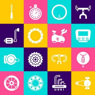 Set Bicycle chain with gear, speedometer, wheel, tire, pedal, Screwdriver and Stock Illustration