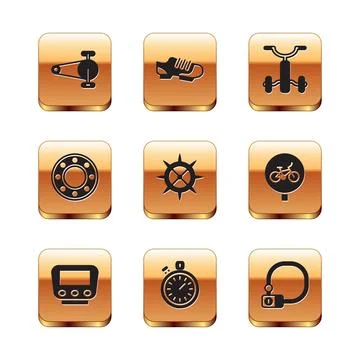 Set Bicycle chain with gear, speedometer, Stopwatch, sprocket crank, ball Stockillustratie