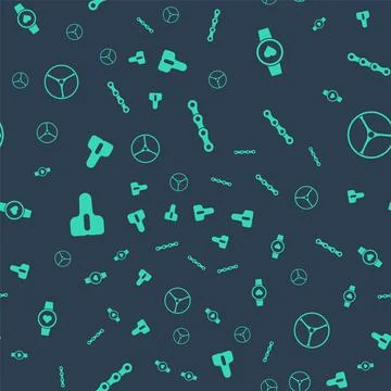 Set Bicycle chain, Smart watch, seat and wheel on seamless pattern. Vector Illustrazione stock