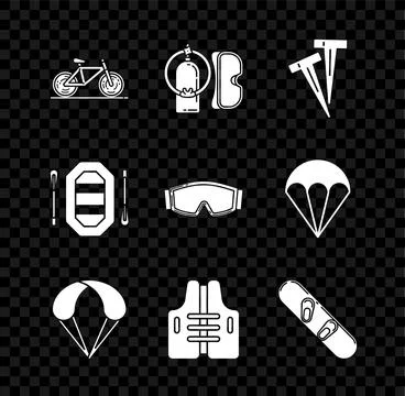 Set Bicycle, Diving mask and aqualung, Pegs for tents, Parachute, Life jacket Stock Illustration