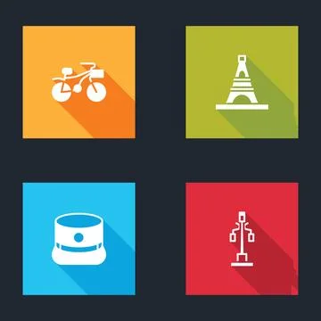 Set Bicycle, Eiffel tower, Kepi and Street light icon. Vector Stock Illustration