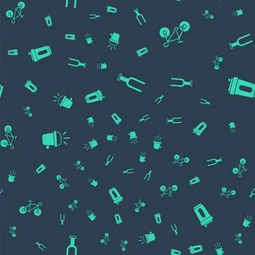 Set Bicycle fork, , head lamp and Sport bottle with water on seamless pattern Stock Illustration