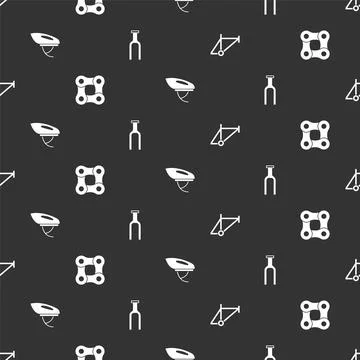 Set Bicycle frame, chain, helmet and fork on seamless pattern. Vector Stock Illustration