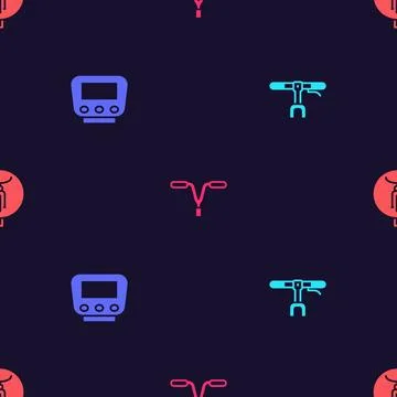 Set Bicycle handlebar, speedometer,  and  on seamless pattern. Vector Illustrazione stock
