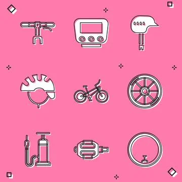 Set Bicycle handlebar, speedometer, helmet, wheel, air pump and pedal icon 스톡 일러스트