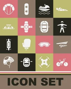 Set Bicycle, Hang glider, Bungee jumping, Jet ski, Knee pads, Formula 1 racing Stock Illustration