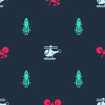 Set Bicycle, Helicopter and Rocket ship with fire on seamless pattern. Vector Stock Illustration