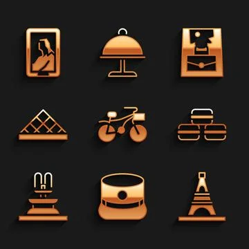 Set Bicycle, Kepi, Eiffel tower, Macaron cookie, Fountain, Louvre museum Stock Illustration