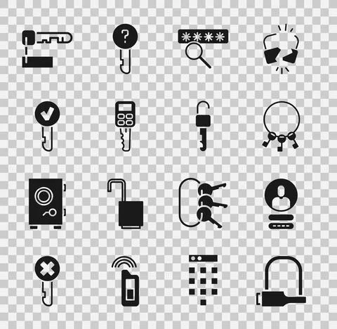 Set Bicycle lock, Create account screen, Bunch of keys, Password protection, Car Stock Illustration