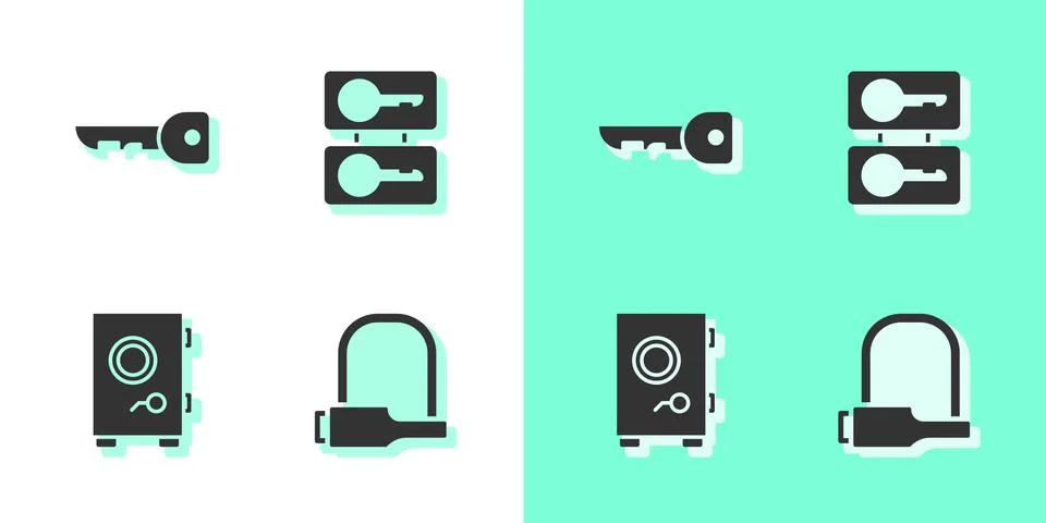 Set Bicycle lock, Key, Safe and Casting keys icon. Vector Stock Illustration