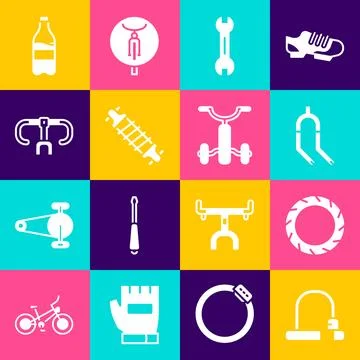 Set Bicycle lock, wheel tire, fork, Wrench spanner, suspension, handlebar, .. Stock Illustration