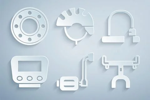 Set Bicycle pedal, lock, speedometer, handlebar, helmet and ball bearing icon Stock Illustration