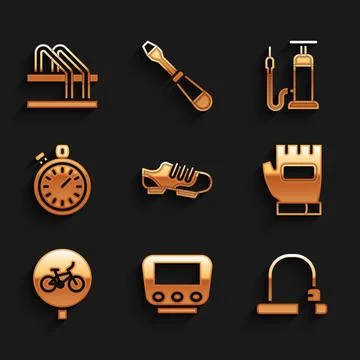 Set Bicycle shoes, speedometer, lock, Gloves, Stopwatch, air pump and parking 库存插图
