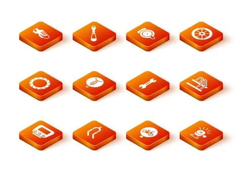 Set Bicycle speedometer, fork, wheel tire, Wrench spanner, bell and parking icon Stock Illustration