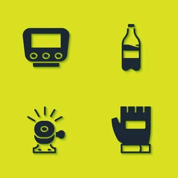 Set Bicycle speedometer, Gloves, bell and Sport bottle with water icon. Vecto Stock Illustration
