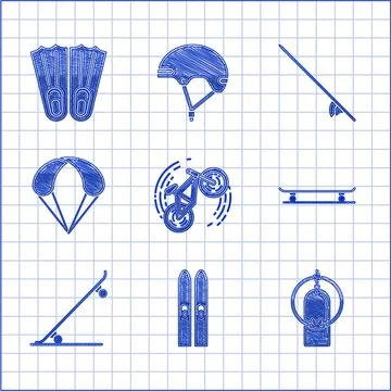 Set Bicycle trick, Ski and sticks, Aqualung, Skateboard, Parachute, Surfboard 스톡 일러스트
